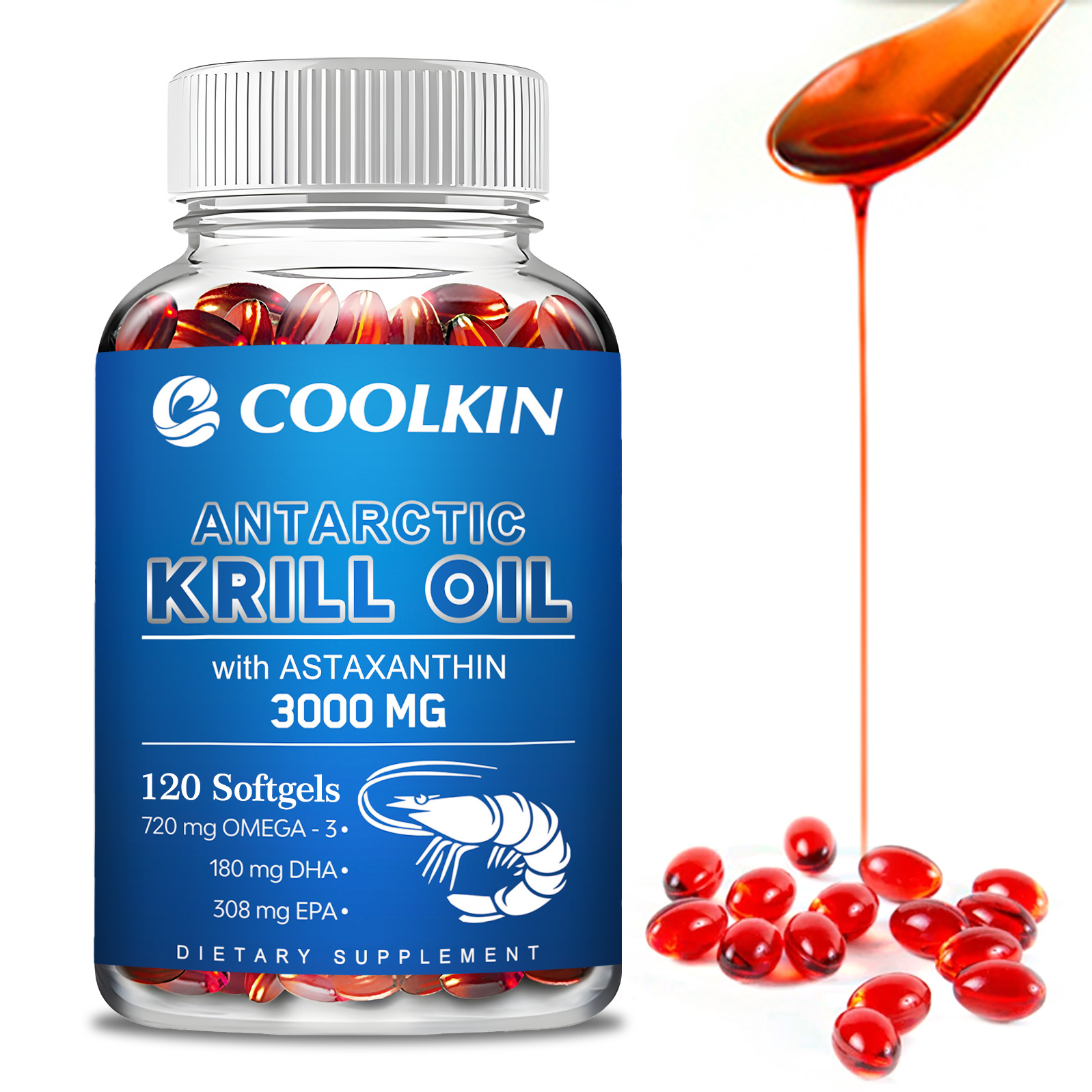 Krill Oil Supplement - Minyak Krill Antartika 3000mg-dengan Omega-3 EPA,